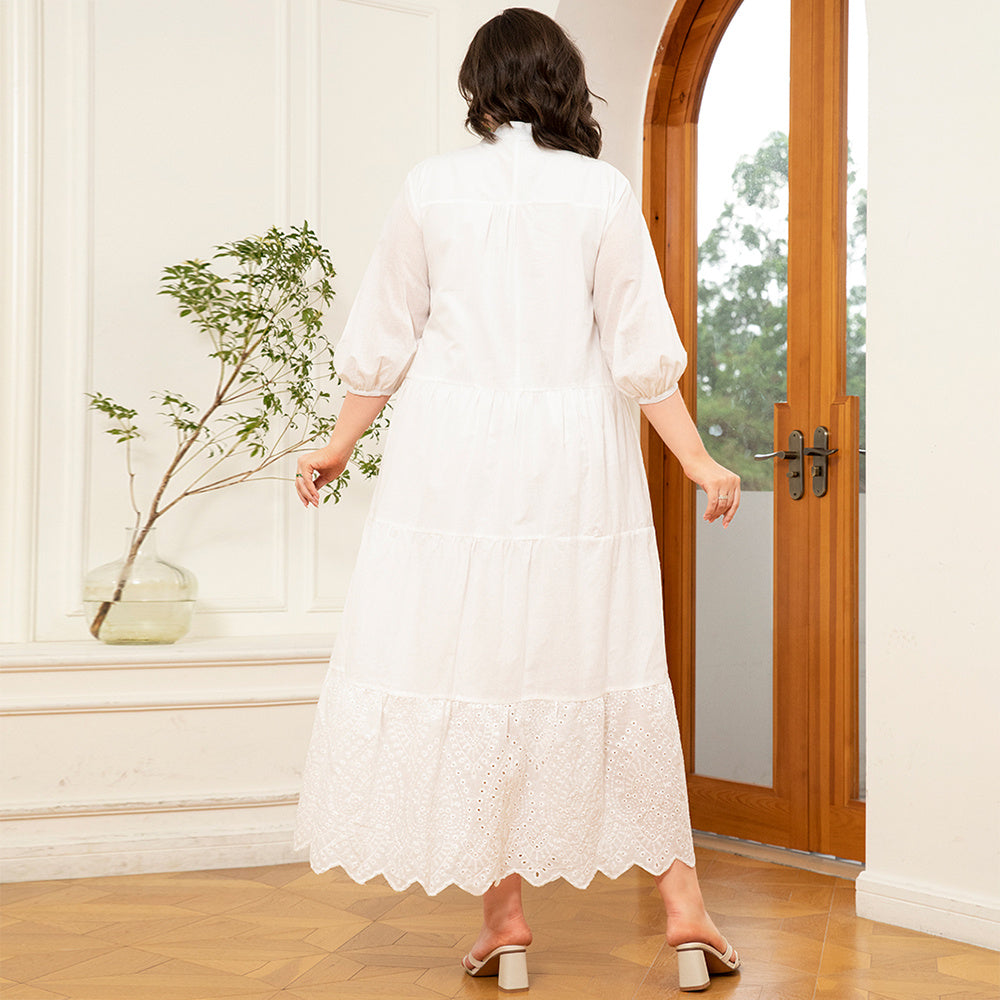High Collar Solid Colour Embroidery Splicing Lantern Sleeve Plus Size