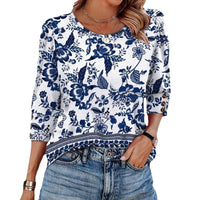 Women's Elegant 34 Sleeves Round Neck T-shirt With Buttons