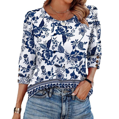 Women's Elegant 34 Sleeves Round Neck T-shirt With Buttons