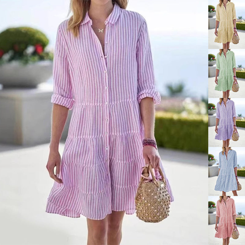 Striped Long-sleeved Shirt Dress Fashion Lapel Button Dresses