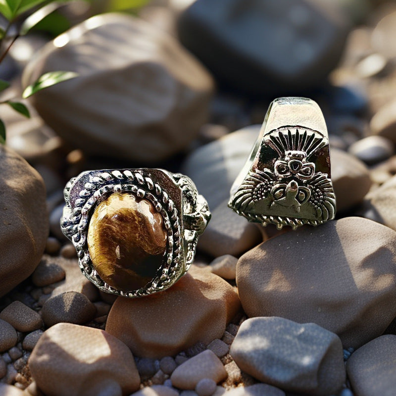 Vintage Natural Stone Distressed Carved Totem Owl Copper Ring