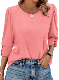 Women's Elegant 34 Sleeves Round Neck T-shirt With Buttons