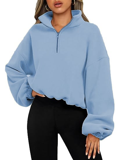 Pullover Hoodie Women Winter Solid Colour Zipper Stand Collar