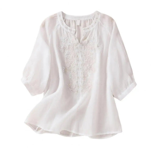Cotton Linen Flower Embroidery Shirt Women Three Quarter Sleeves V Neck Casual Blouse Loose Solid Color Mother Blouse Women Top - Chic Cart