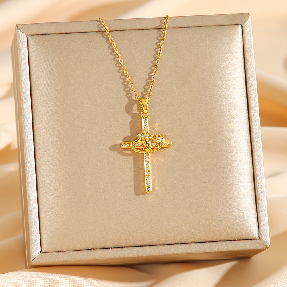 Cross Double Ring Love Heart Necklace Surrounded Zircon