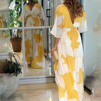 Flower Printed V-neck Batwing-sleeved Dress