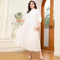 High Collar Solid Colour Embroidery Splicing Lantern Sleeve Plus Size