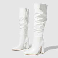 Liyke Winter Street Fashion Pleated Leather Pink Knee High Boots Women Sexy Long Zip Pointed Toe Square Heels Stripper Shoes - Chic Cart