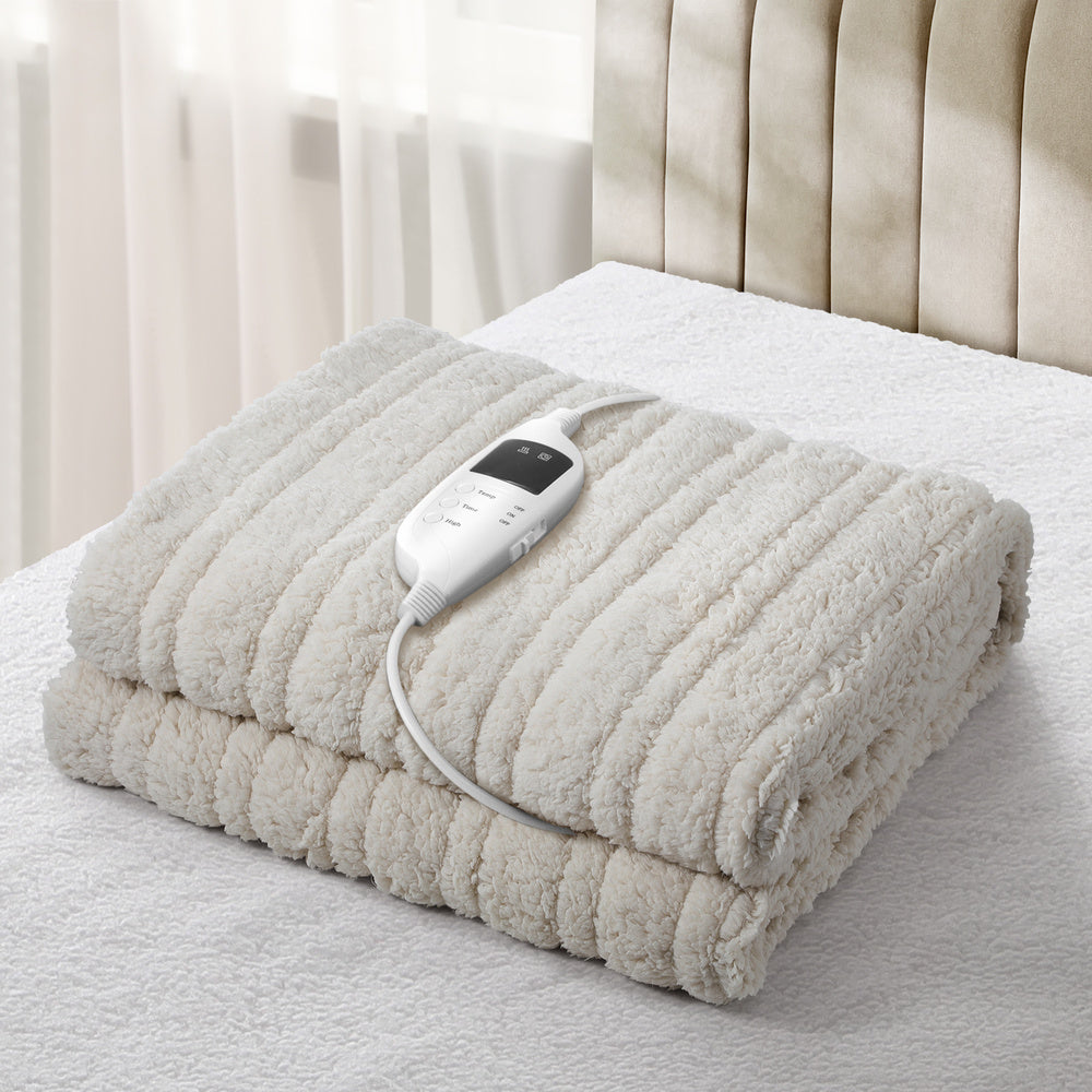 Navy and Beige Electric Heated Sherpa Throw Blanket