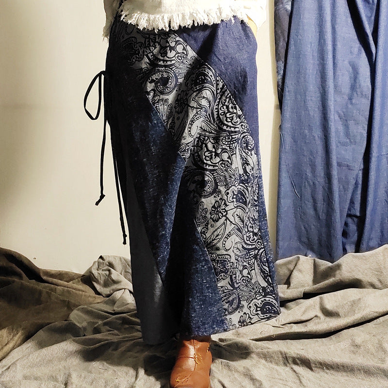 Temperament Commute Retro Half-length Stitching Blue Long Skirt Skirt
