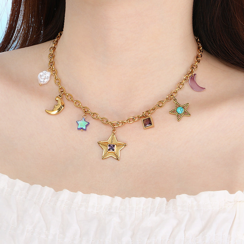 Star Moon Colour Artificial Glass Pearl Stainless Steel Necklace