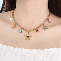 Star Moon Colour Artificial Glass Pearl Stainless Steel Necklace
