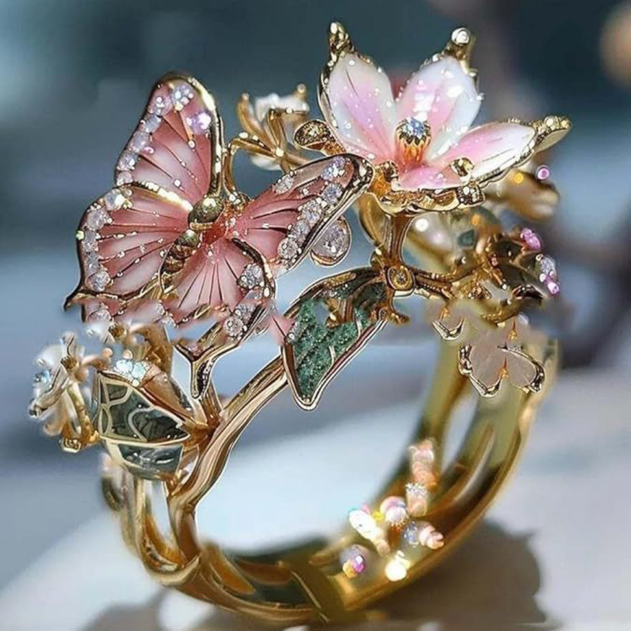 INS Flower Butterfly Ring With Rhinestones And Oil Dropping