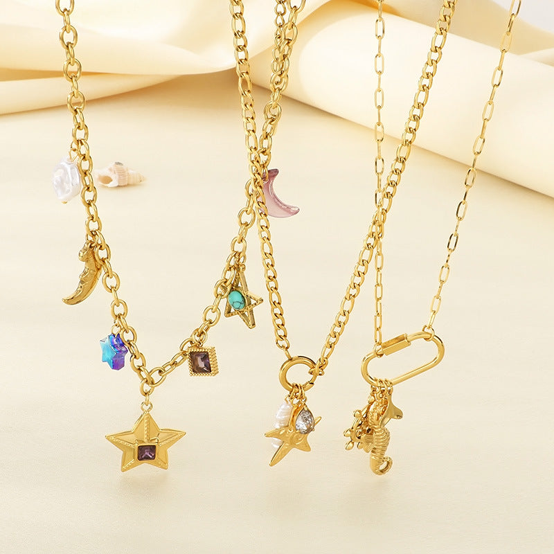 Star Moon Colour Artificial Glass Pearl Stainless Steel Necklace