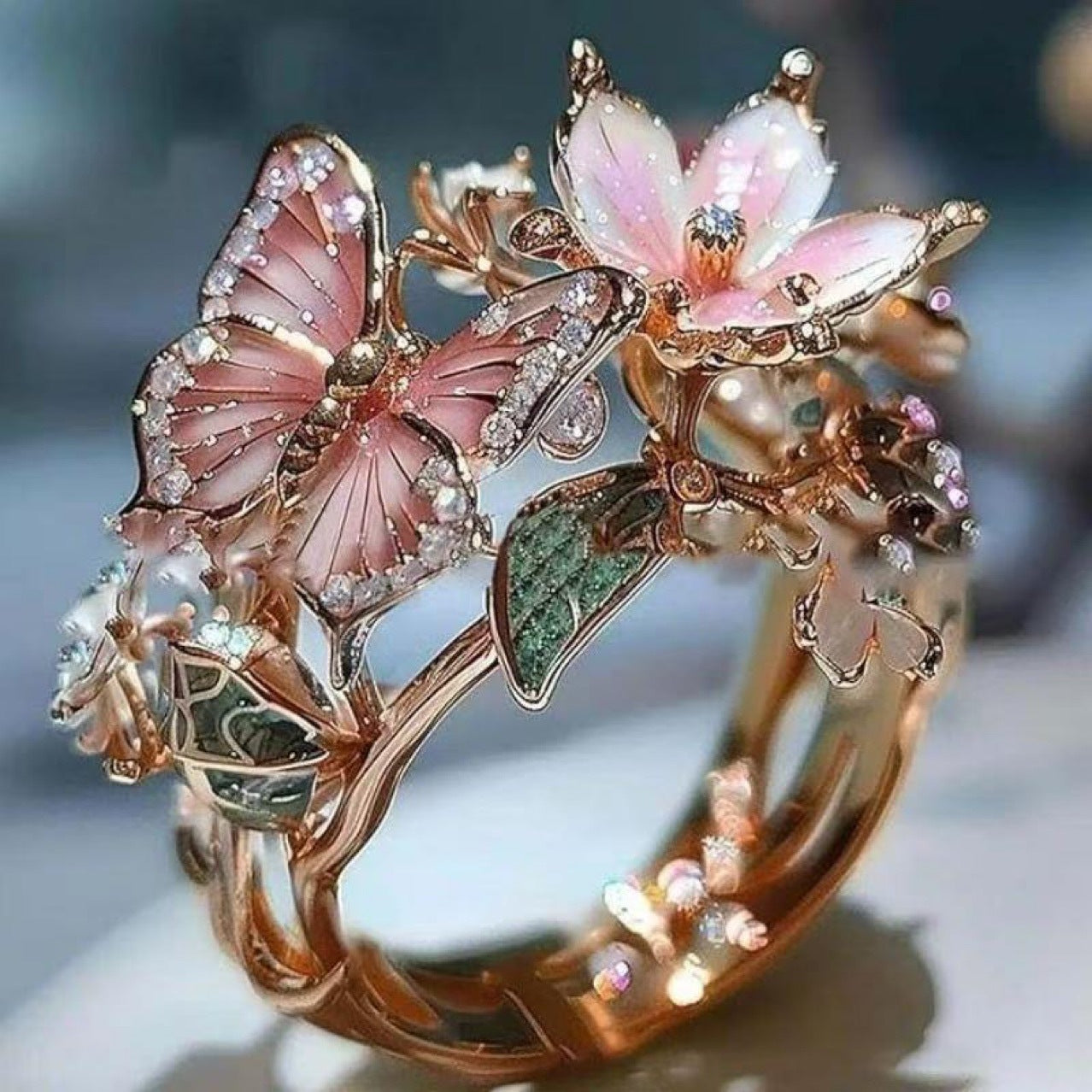 INS Flower Butterfly Ring With Rhinestones And Oil Dropping