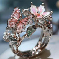 INS Flower Butterfly Ring With Rhinestones And Oil Dropping