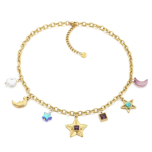 Star Moon Colour Artificial Glass Pearl Stainless Steel Necklace