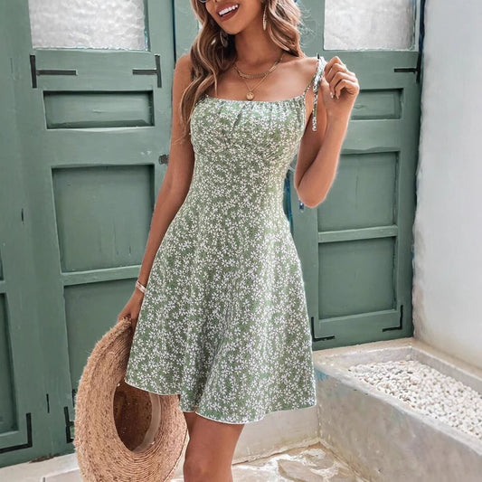 Women's Summer Floral Spaghetti Strap Beach Short Dress