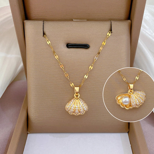 Shell Pearl Necklace With Rhinestones Female