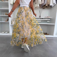 Lemon Printing Elastic Waist Large Swing Casual Skirt Women
