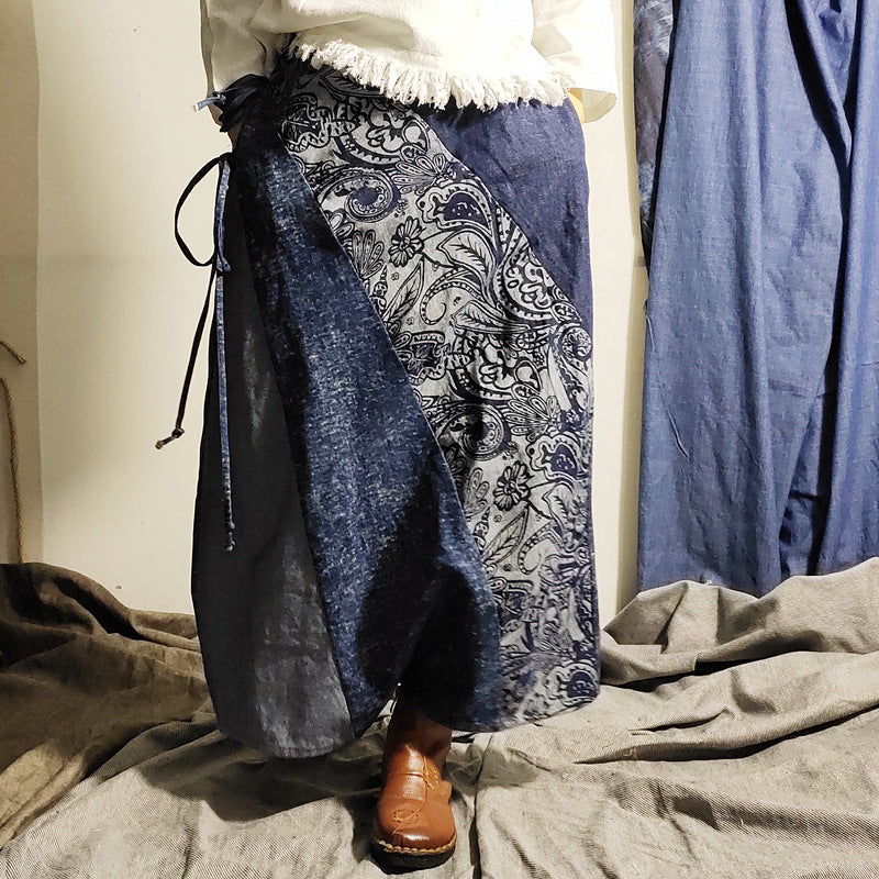 Retro Half-length Stitching Blue Long Skirt Skirt