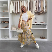 Lemon Printing Elastic Waist Large Swing Casual Skirt Women