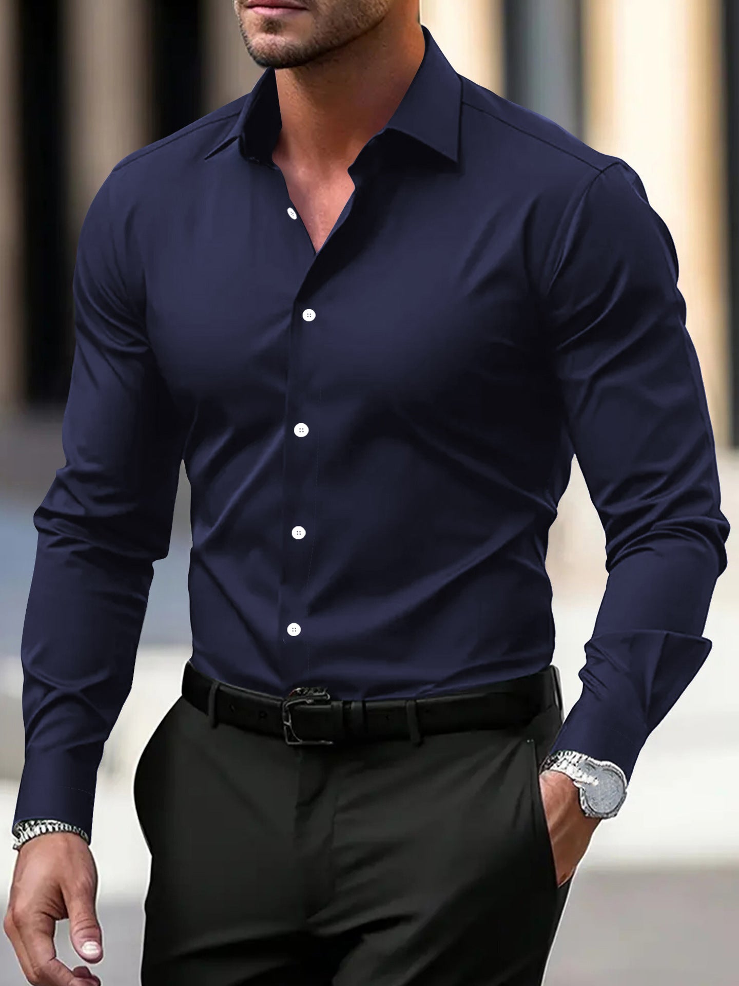 Men's Shirt Business Button Down Shirt Summer Solid Color