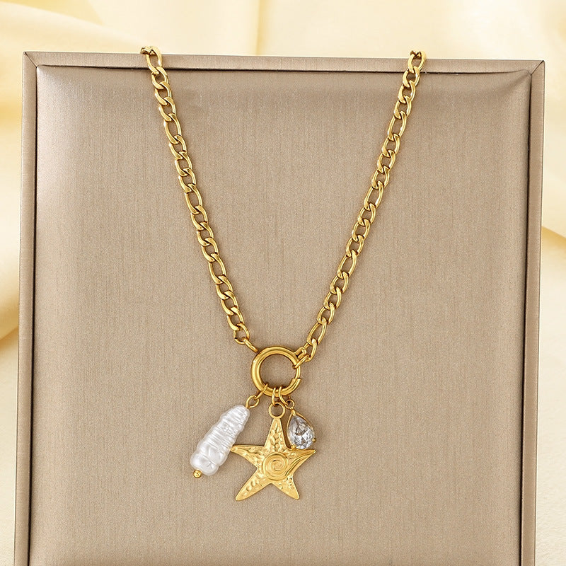 Star Moon Colour Artificial Glass Pearl Stainless Steel Necklace
