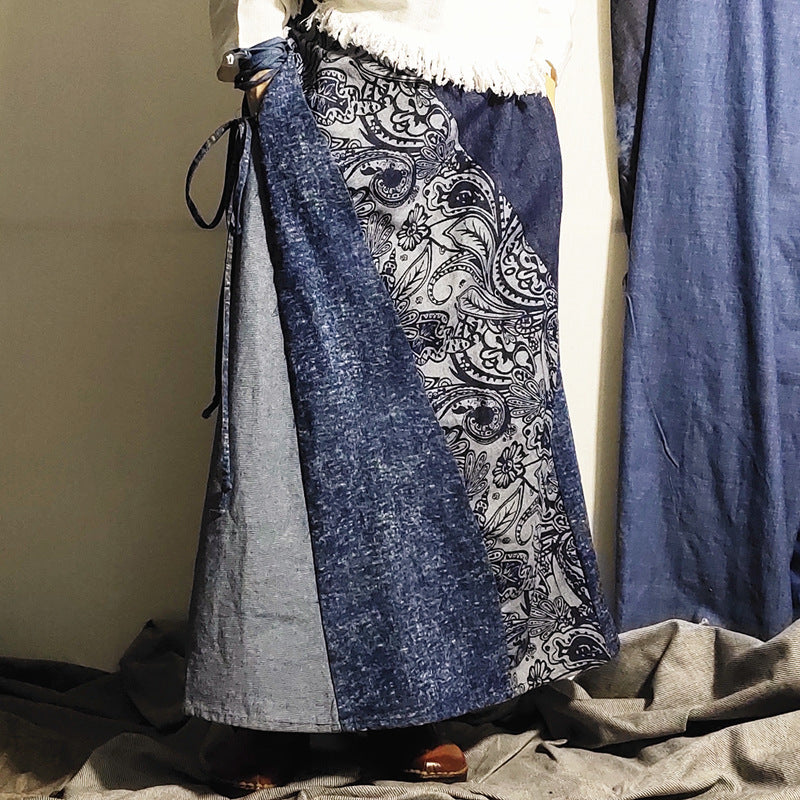 Temperament Commute Retro Half-length Stitching Blue Long Skirt Skirt