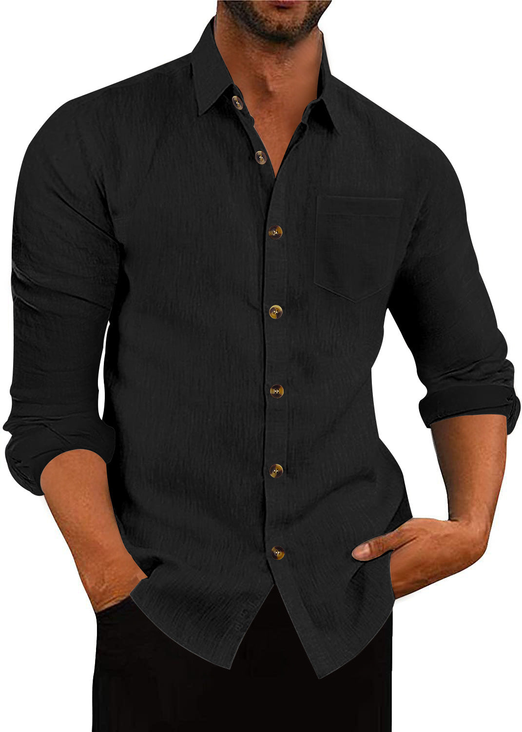 Men's Polo Collar Solid Color Long Sleeve Shirt Linen Loose Casual Cardigan