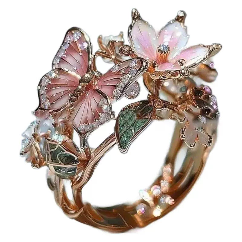 INS Flower Butterfly Ring With Rhinestones And Oil Dropping