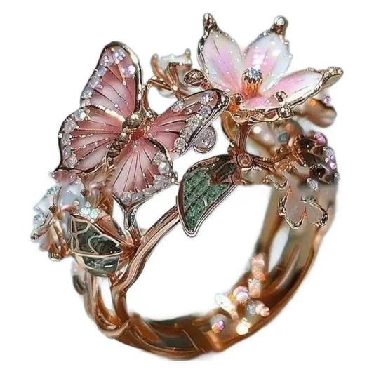 INS Flower Butterfly Ring With Rhinestones And Oil Dropping