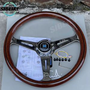 JDM Classic Universal 14inch 358mm Wood Style Steering Wheel Chrome Spoke Retro Car ND Sports Steering Wheel