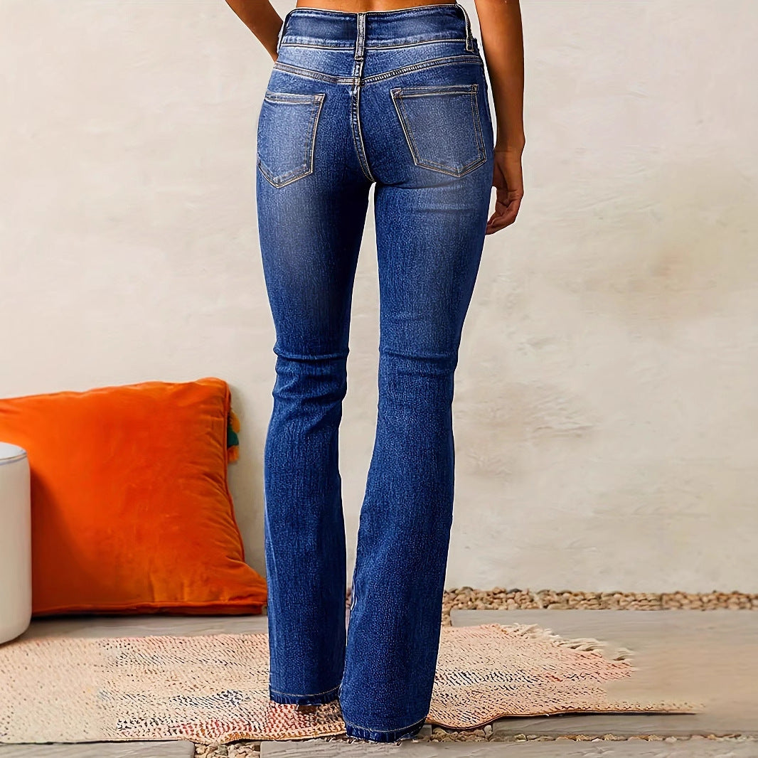 Skinny Flared Jeans With Pockets Fashion Button Zipper