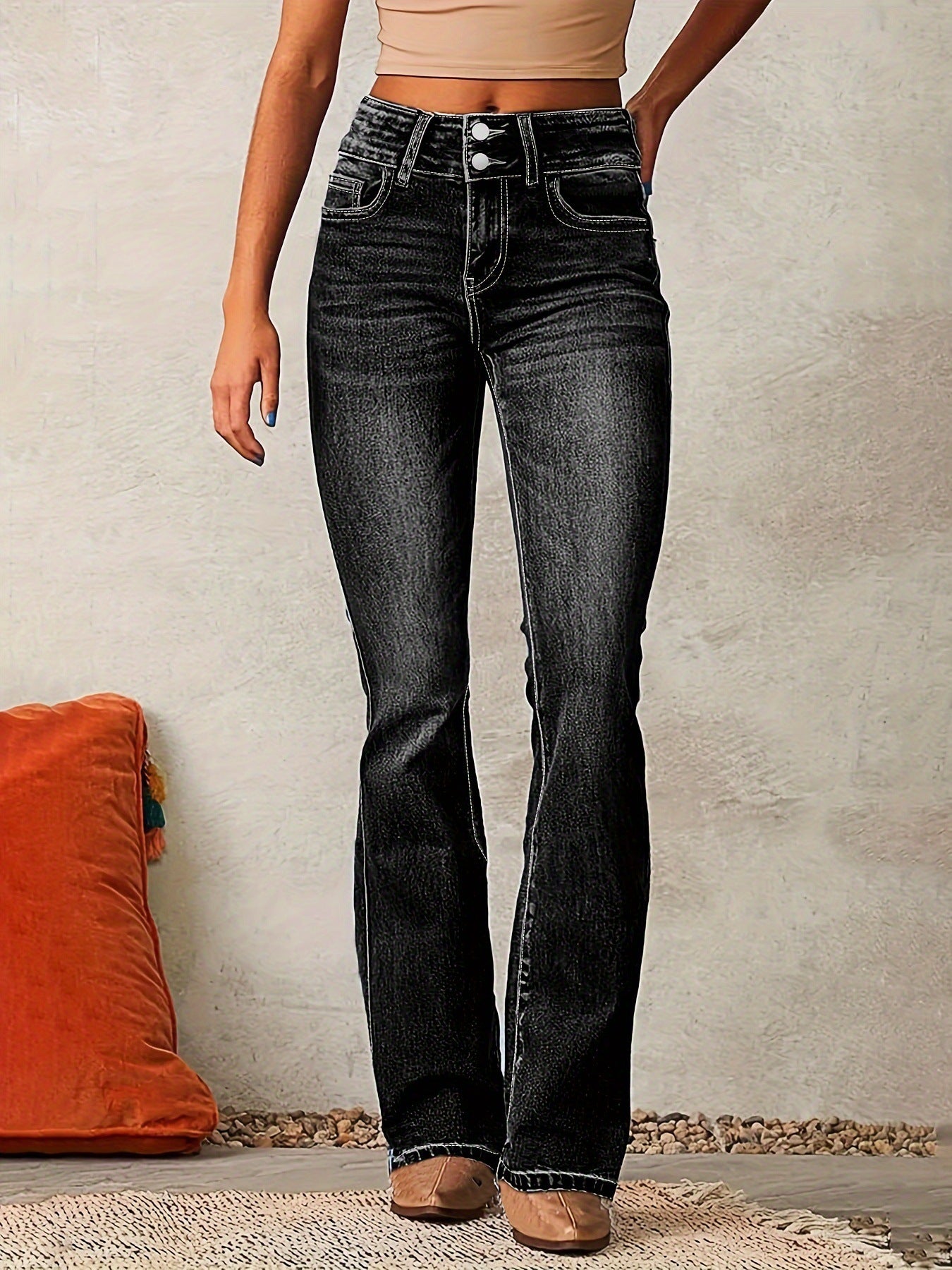 Skinny Flared Jeans With Pockets Fashion Button Zipper