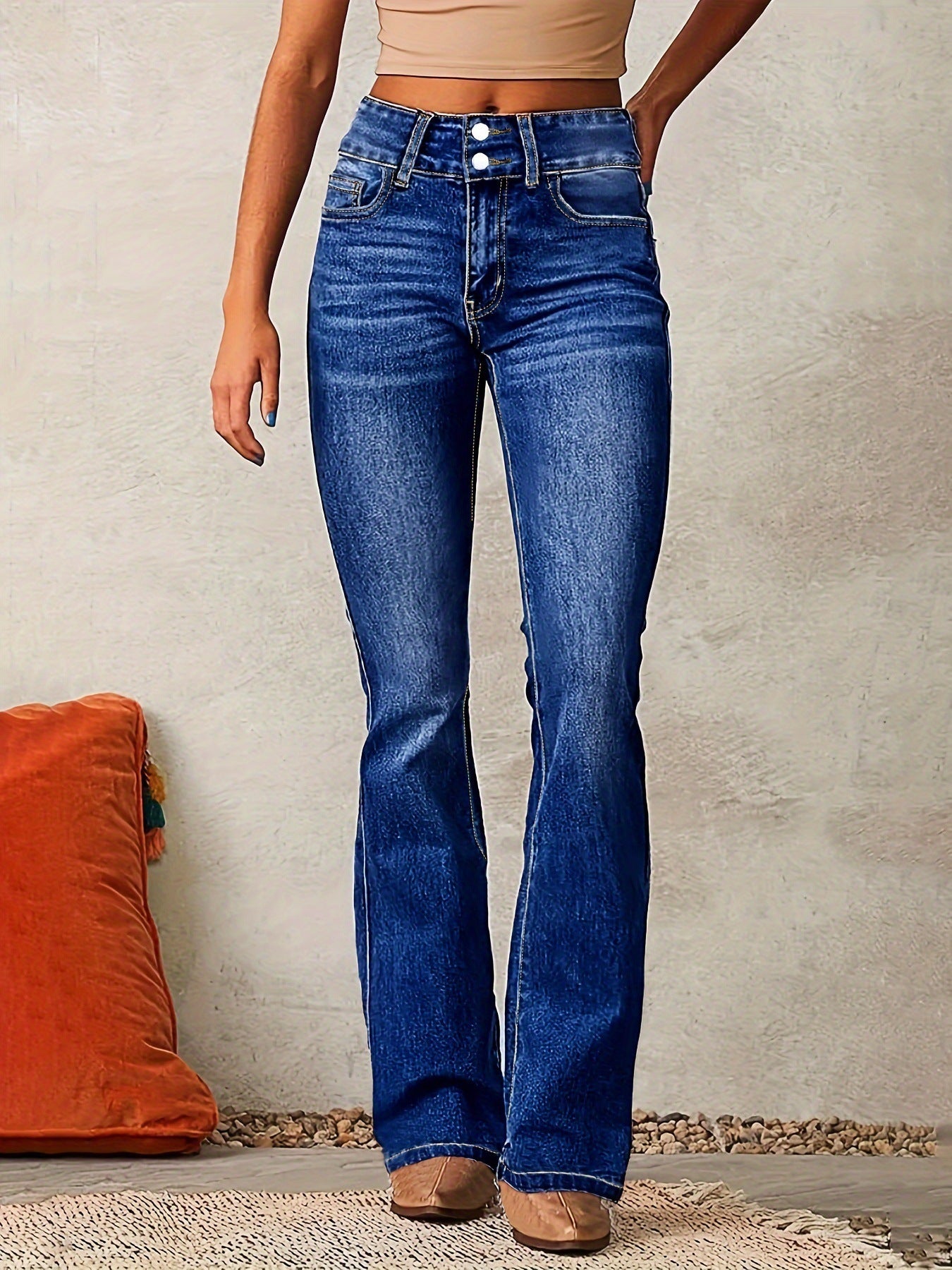 Skinny Flared Jeans With Pockets Fashion Button Zipper