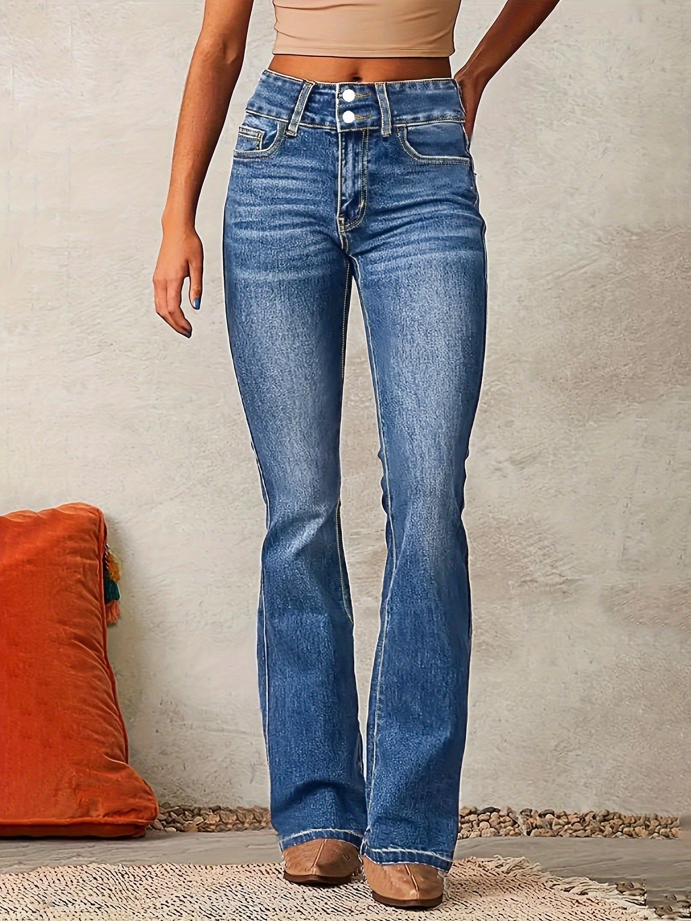 Skinny Flared Jeans With Pockets Fashion Button Zipper