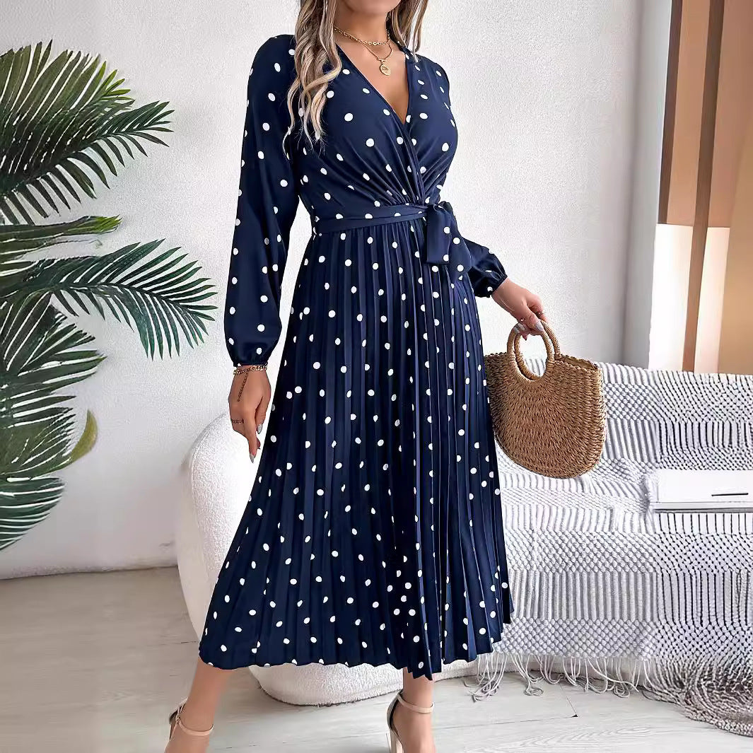 Spring Summer Elegant Long Dress Cross V-Neck Contrast