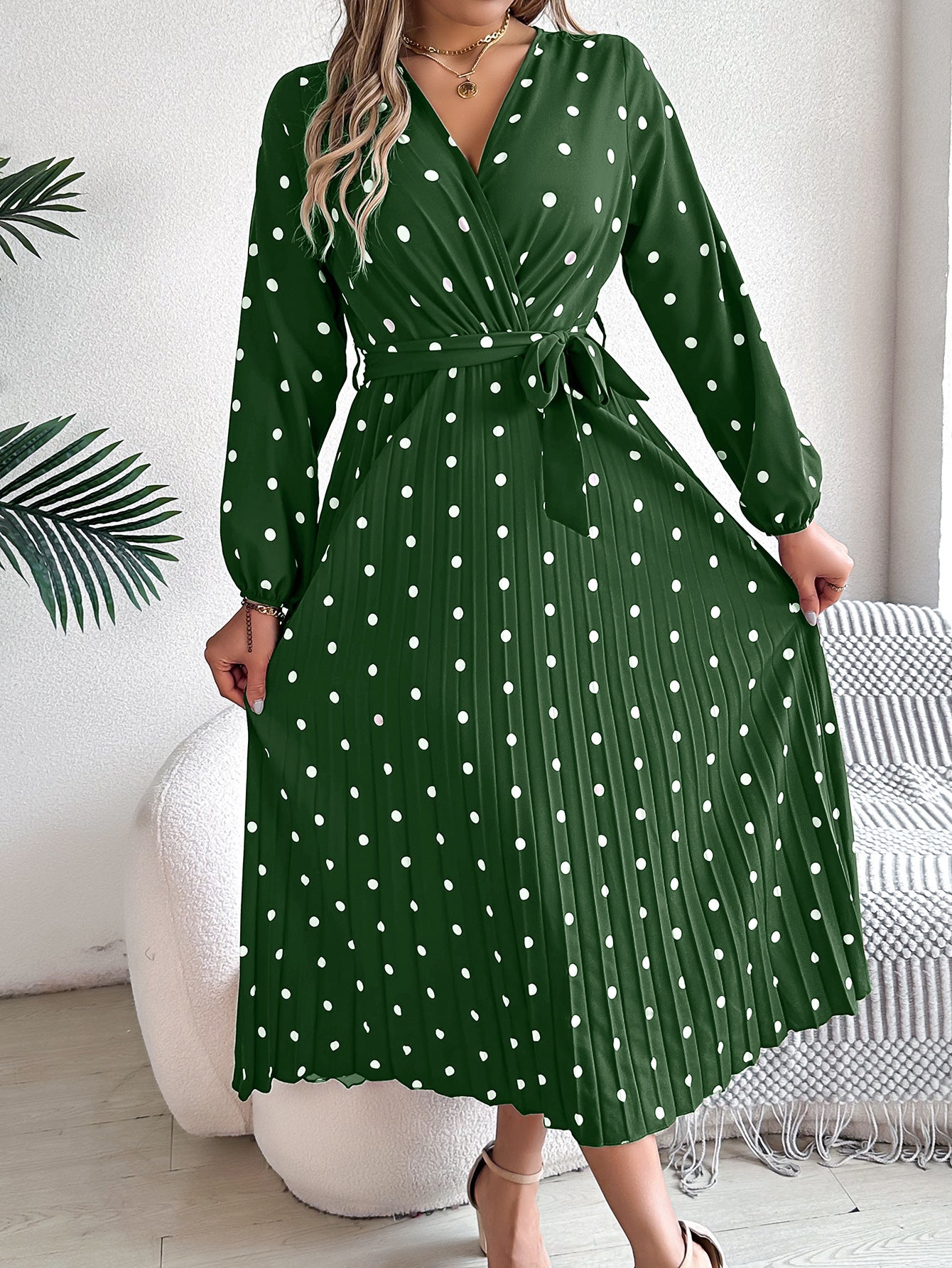 Spring Summer Elegant Long Dress Cross V-Neck Contrast