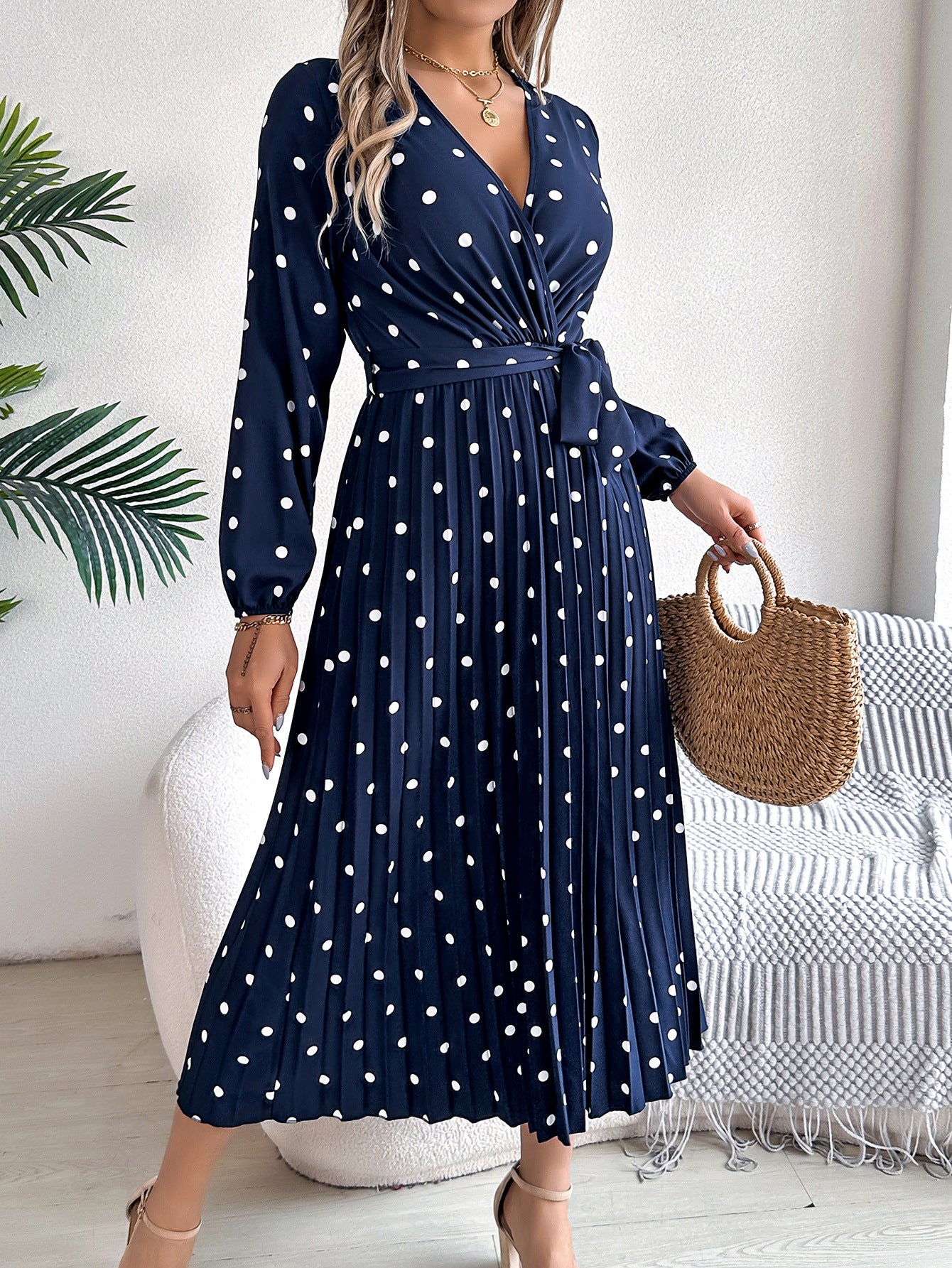 Spring Summer Elegant Long Dress Cross V-Neck Contrast