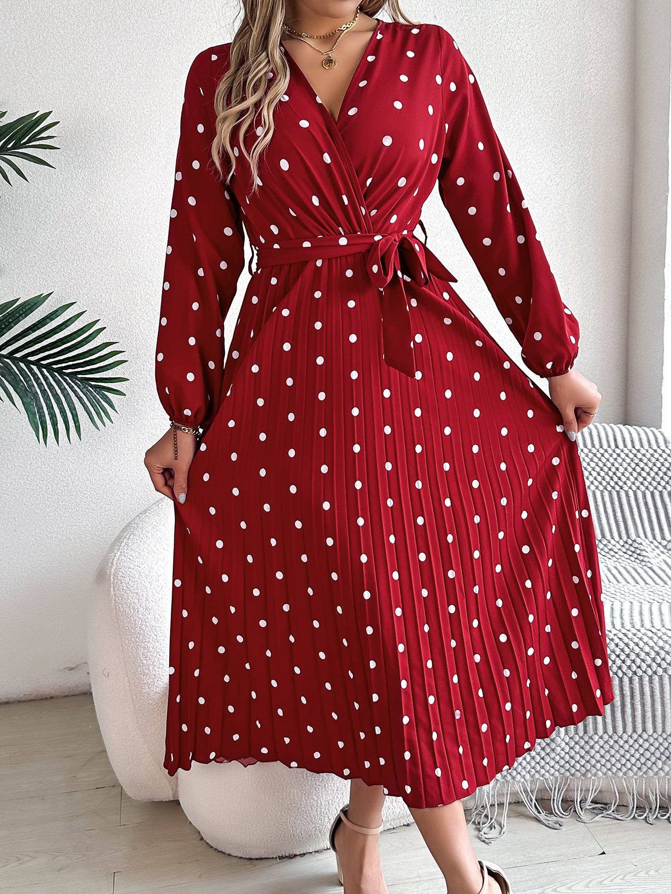 Spring Summer Elegant Long Dress Cross V-Neck Contrast