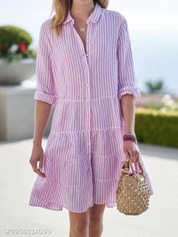 Striped Long-sleeved Shirt Dress Fashion Lapel Button Dresses
