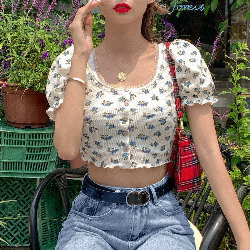 Summer New Products Women's Fashion Printed Puff Sleeve Lace Cardigan T-shirt