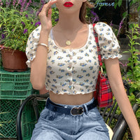 Summer New Products Women's Fashion Printed Puff Sleeve Lace Cardigan T-shirt