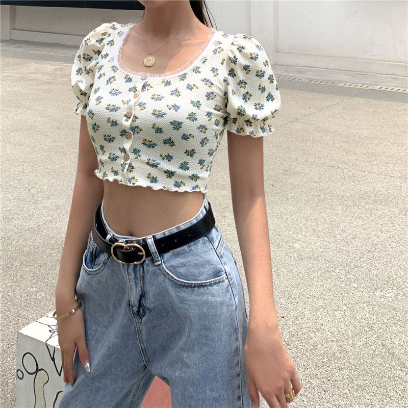 Summer New Products Women's Fashion Printed Puff Sleeve Lace Cardigan T-shirt