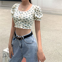 Summer New Products Women's Fashion Printed Puff Sleeve Lace Cardigan T-shirt