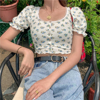 Summer New Products Women's Fashion Printed Puff Sleeve Lace Cardigan T-shirt