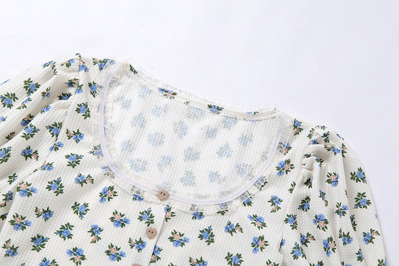 Summer New Products Women's Fashion Printed Puff Sleeve Lace Cardigan T-shirt