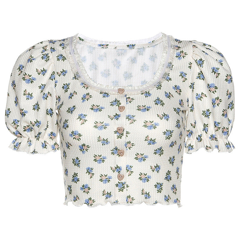Summer New Products Women's Fashion Printed Puff Sleeve Lace Cardigan T-shirt