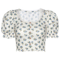 Summer New Products Women's Fashion Printed Puff Sleeve Lace Cardigan T-shirt